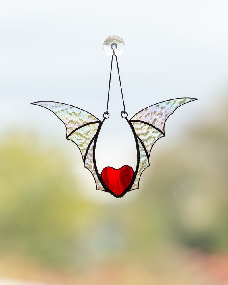 Valentine stained glass heart suncatcher goth home decor Stained glass bat honeymoon gifts Halloween decor Clear