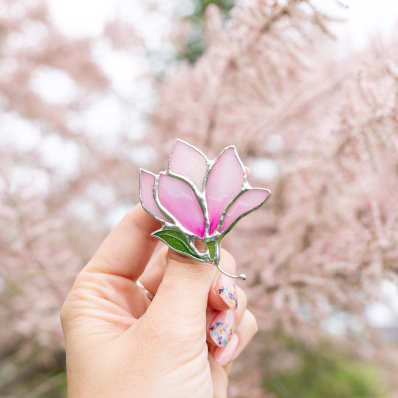 pink plant pin made of stained glass