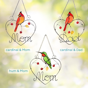 Stained glass cardinals and hummingbird suncatcher featuring Mom and Dad birds, handmade cardinal window hanging with red and orange tones, perfect for Mother’s and Father’s Day gift, decorative bird home decor.