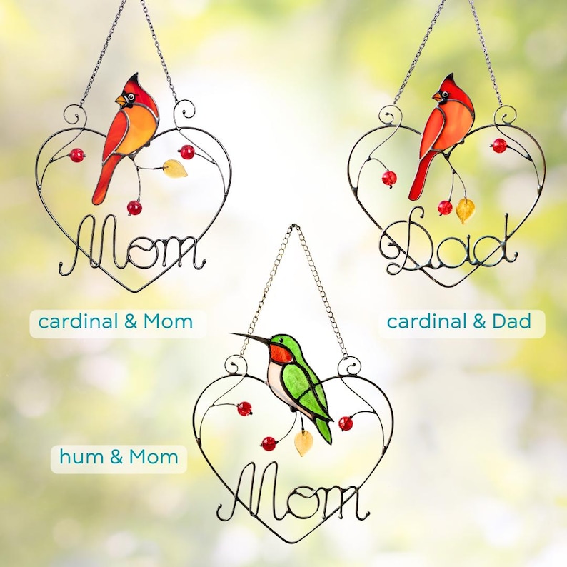 Stained glass cardinals and hummingbird suncatcher featuring Mom and Dad birds, handmade cardinal window hanging with red and orange tones, perfect for Mother’s and Father’s Day gift, decorative bird home decor.
