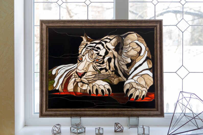 White tiger wall art Custom stained glass panel gift for tiger Etsy