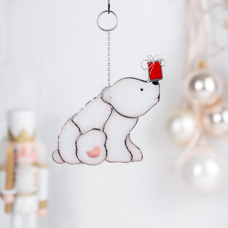 white polar bear stained glass light catcher