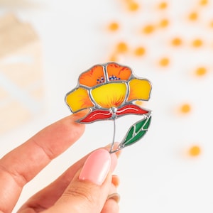 orange peony stained glass pin