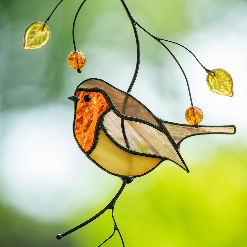 robin stained glass bird light catcher