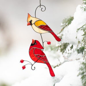 2 cardinal birds suncatcher made of stained glass