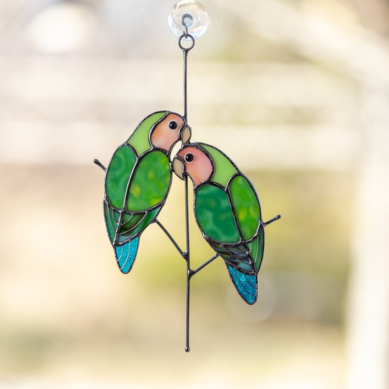 Love birds stained glass window hangings decor Anniversary | Etsy