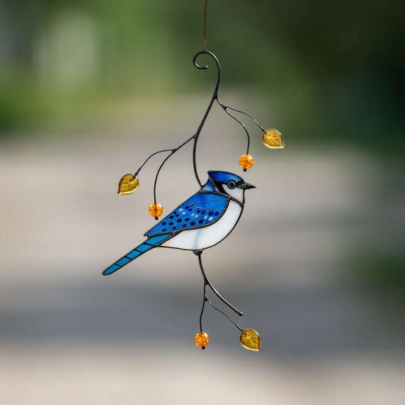 Vintage Stained Glass Blue Parrot Suncatcher