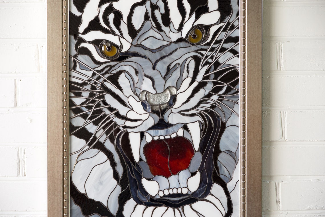 Modern stained glass white tiger wall art / Custom stained Etsy