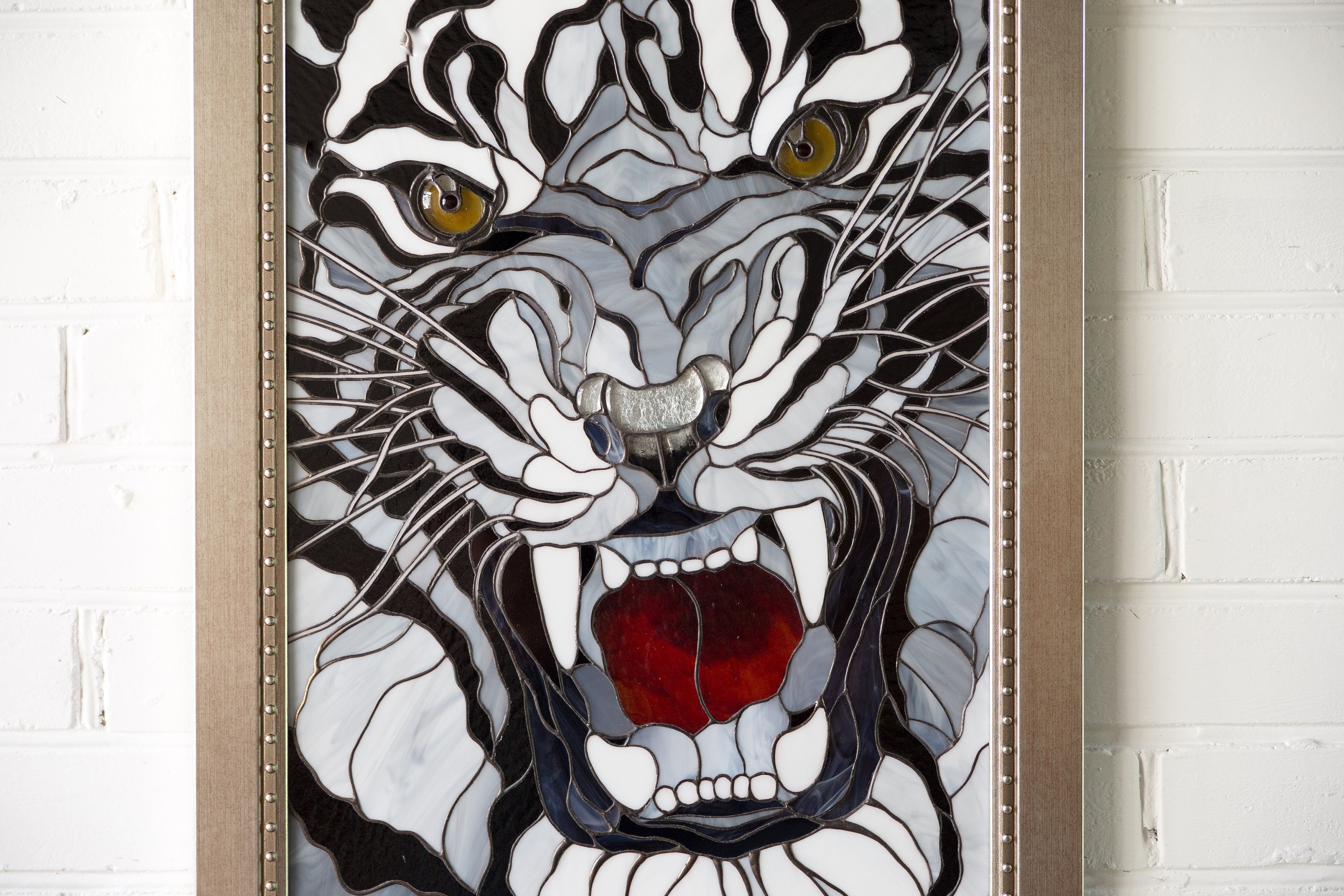 Modern stained glass white tiger wall art Custom stained glass Etsy