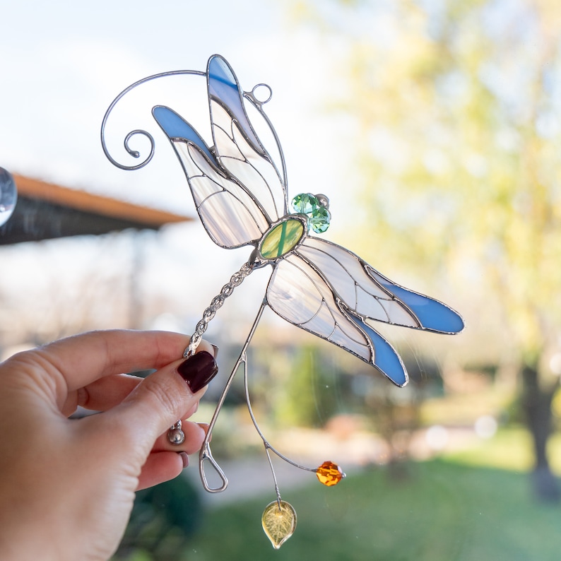 stained glass decor of blue dragonfly