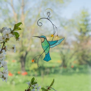 hummingbird light catcher made of modern stained glass