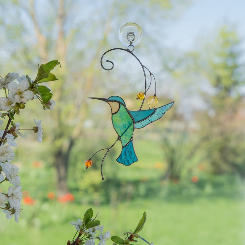 hummingbird light catcher made of modern stained glass