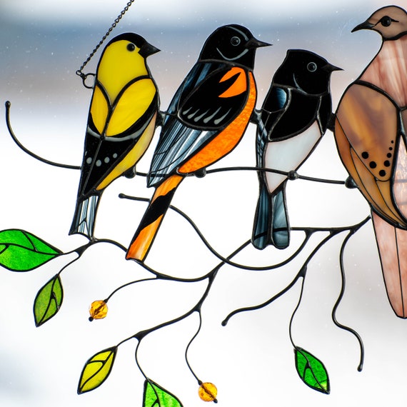 Birds Stained Stainless Steel Window Hangings Creative Window Panel Stainless Steel Birds Suncatcher for Home Room 7 Birds Design