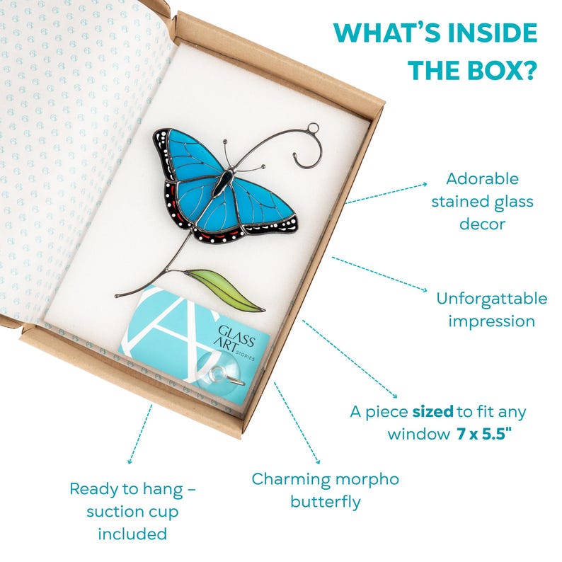 handmade glass butterfly in the brand box of GlassArtStories