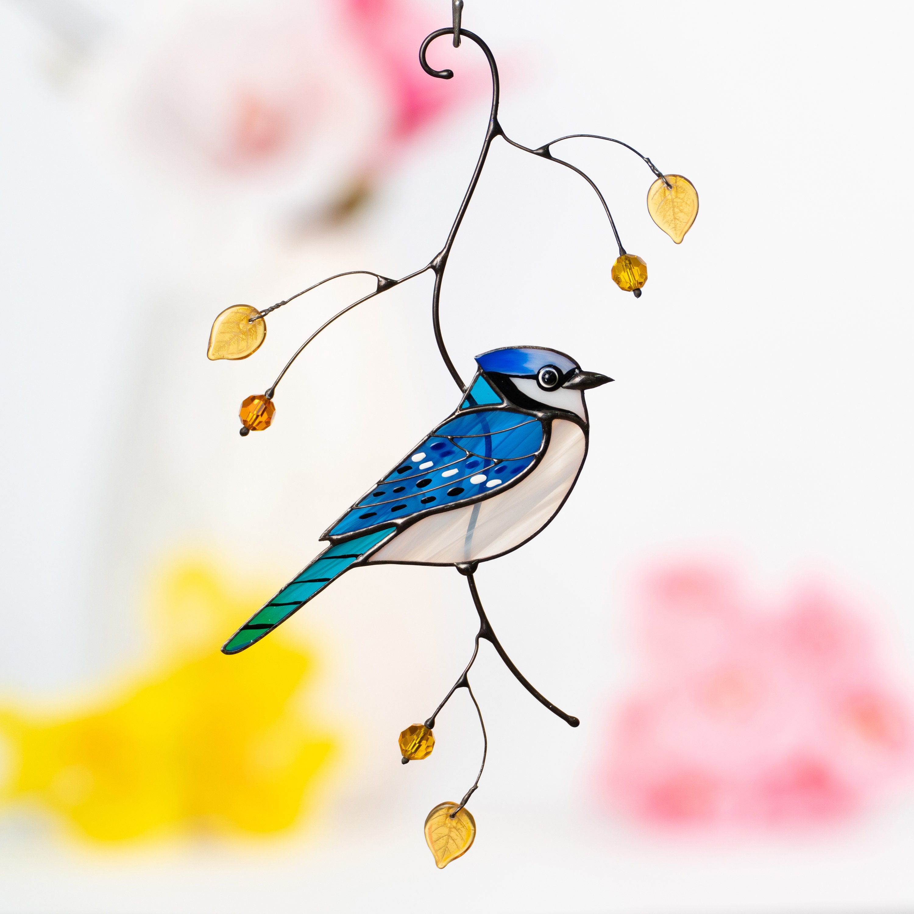 Blue Jay Stained Glass Bird Suncatcher Blue Jay Feathers image