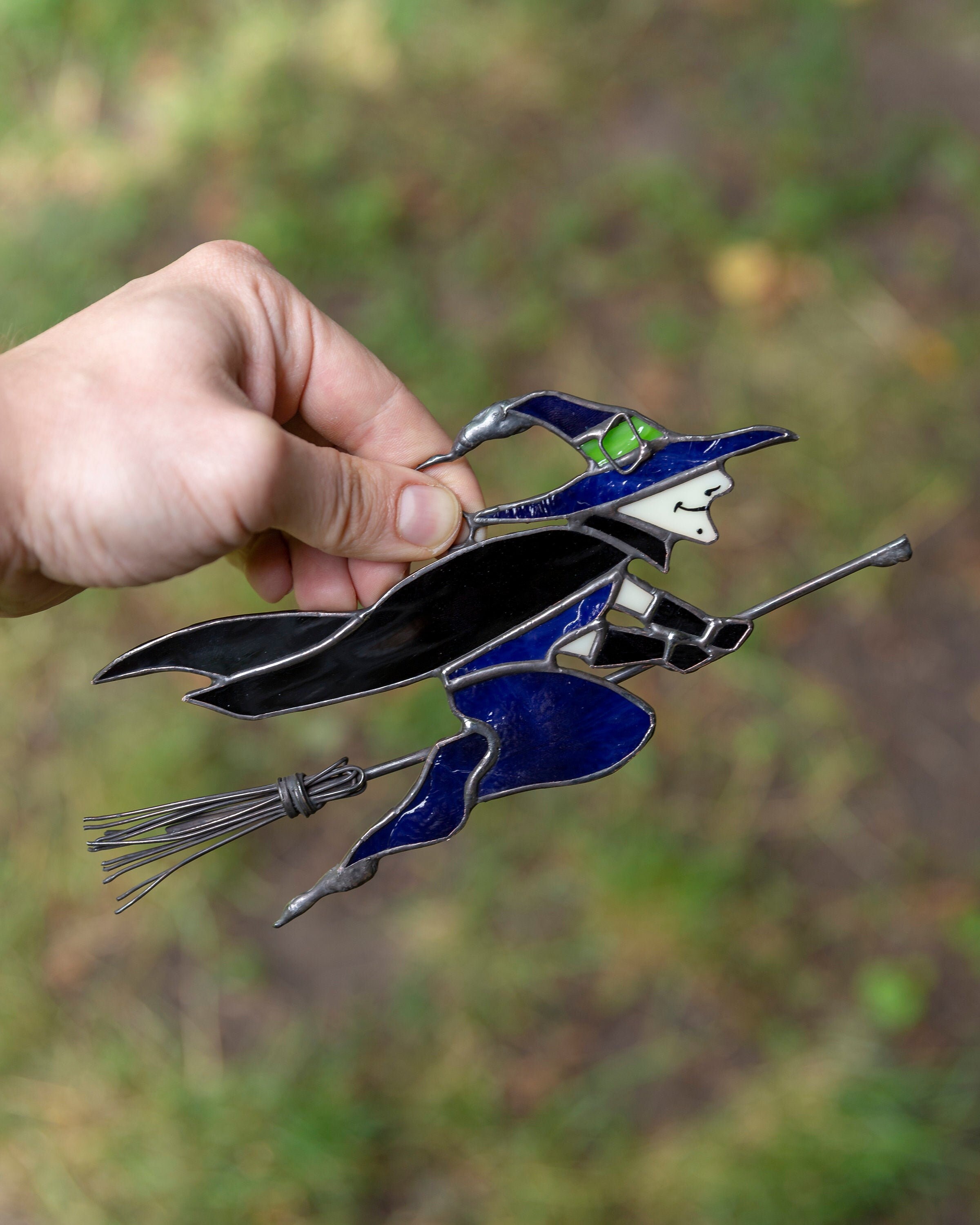 Stained glass witch suncatcher Halloween decor Withes broom Etsy