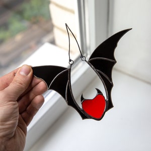 Valentine stained glass heart suncatcher goth home decor Stained glass bat honeymoon gifts Halloween decor image 3