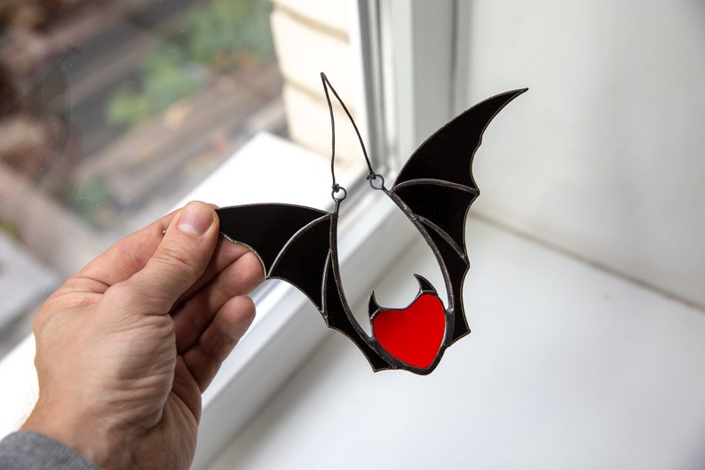 Valentine stained glass heart suncatcher goth home decor Stained glass bat honeymoon gifts Halloween decor image 3