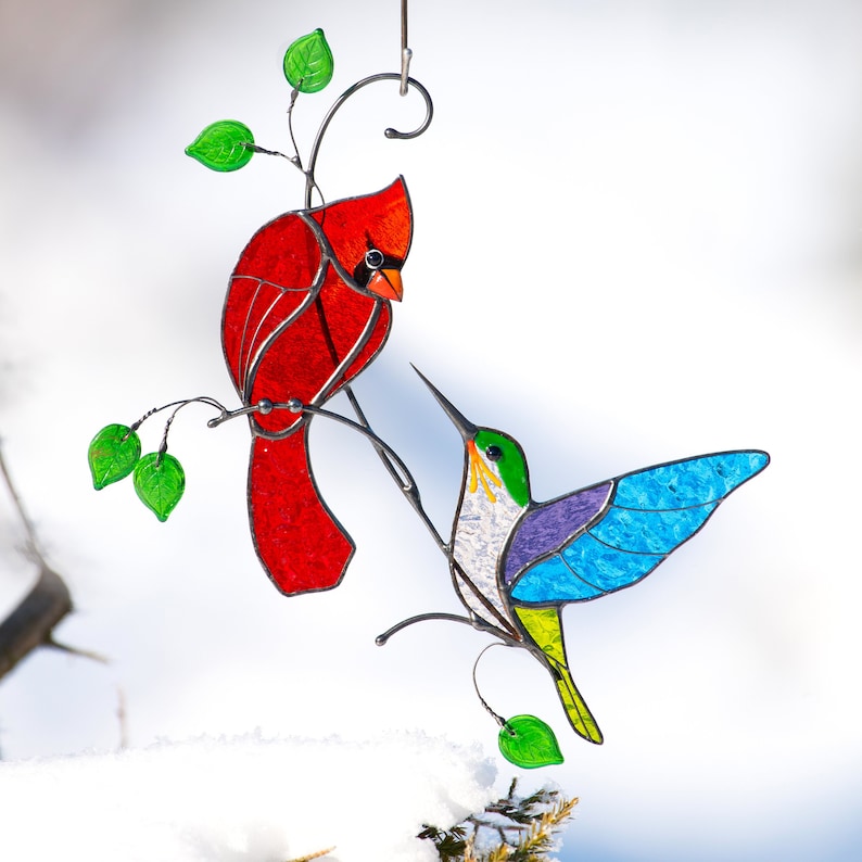 Stained glass cardinal and hum suncatcher