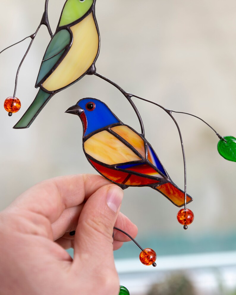 Bunting bird stained glass window hangings Custom stained Etsy