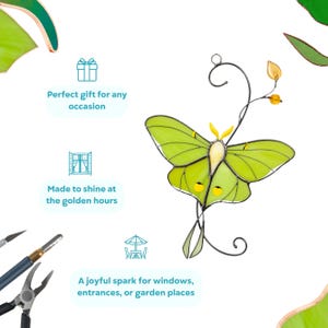 An infographic of the Luna Moth stained glass decor with icons. Text highlights: "Perfect gift for any occasion," "Made to shine at the golden hours," and "A joyful spark for windows, entrances, or garden places." Tools like pliers and a glass cutter are shown, emphasizing the handmade process.