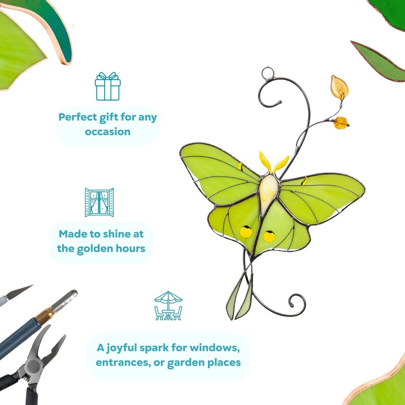 An infographic of the Luna Moth stained glass decor with icons. Text highlights: "Perfect gift for any occasion," "Made to shine at the golden hours," and "A joyful spark for windows, entrances, or garden places." Tools like pliers and a glass cutter are shown, emphasizing the handmade process.