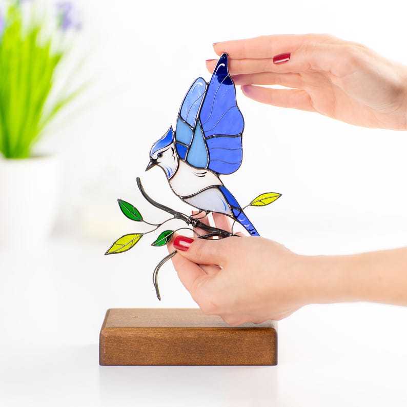 blue jay stained glass suncatcher