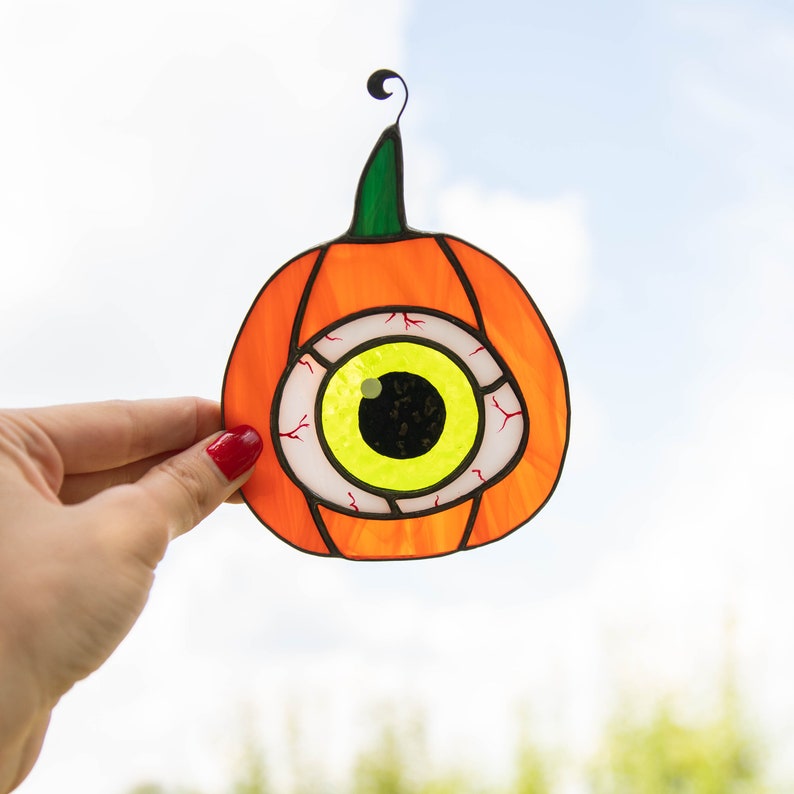 Halloween stained glass pumpkin eye suncatcher Creepy decor Halloween gift image 6