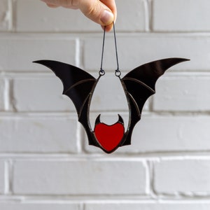 Valentine stained glass heart suncatcher goth home decor Stained glass bat honeymoon gifts Halloween decor image 8