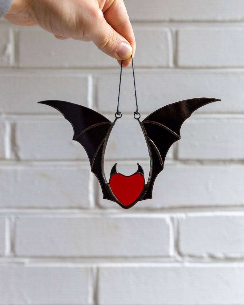 Valentine stained glass heart suncatcher goth home decor Stained glass bat honeymoon gifts Halloween decor image 8