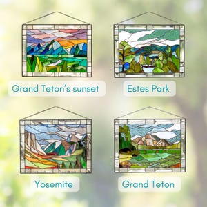 variation of designs for stained glass panels of landscapes