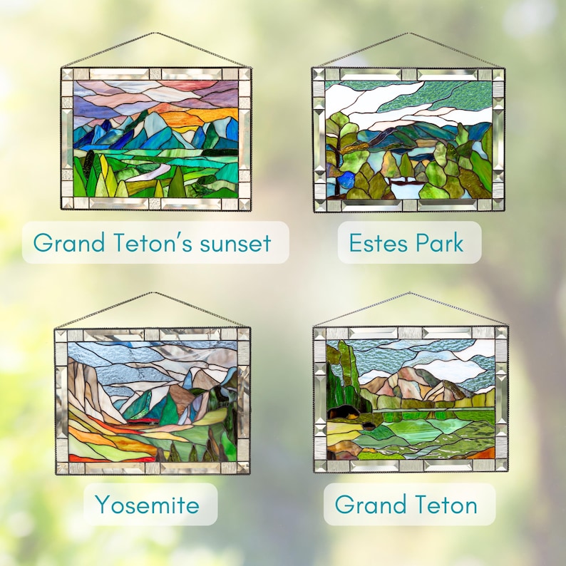 variation of designs for stained glass panels of landscapes