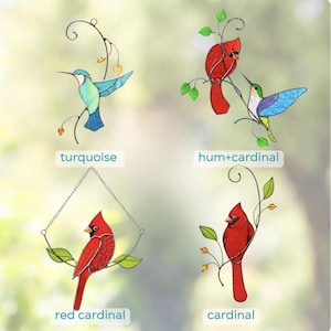 Stained glass bird and butterfly suncatchers including turquoise hummingbird, hummingbird with cardinal, red cardinal, and single cardinal design.