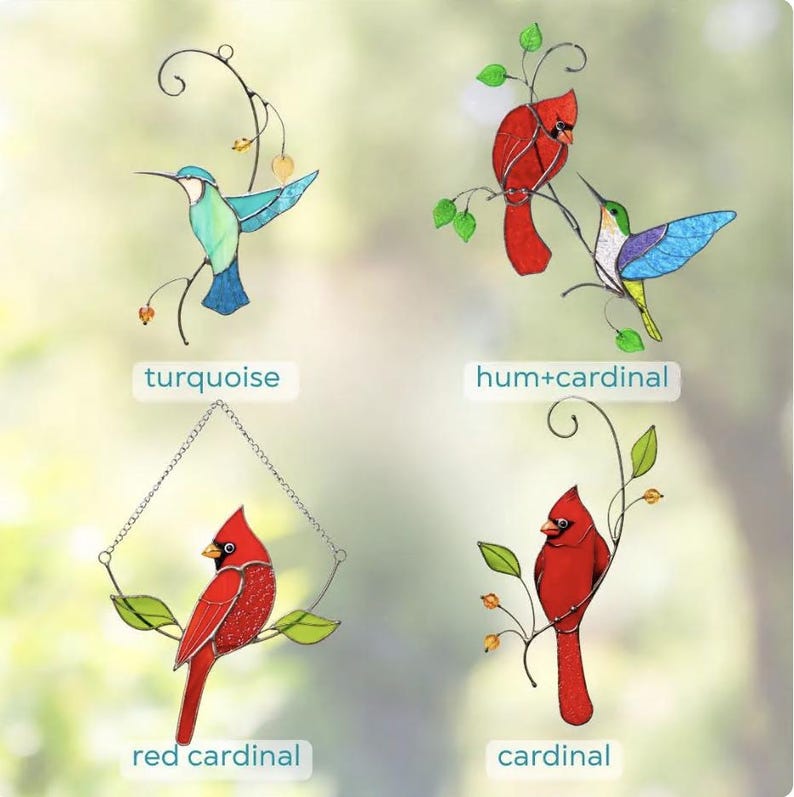May include: Four stained glass bird ornaments. One turquoise hummingbird, one red cardinal, and two red cardinals. Each bird is perched on a branch with green leaves. The text "turquoise", "hum+cardinal", "red cardinal", and "cardinal" are below each bird.