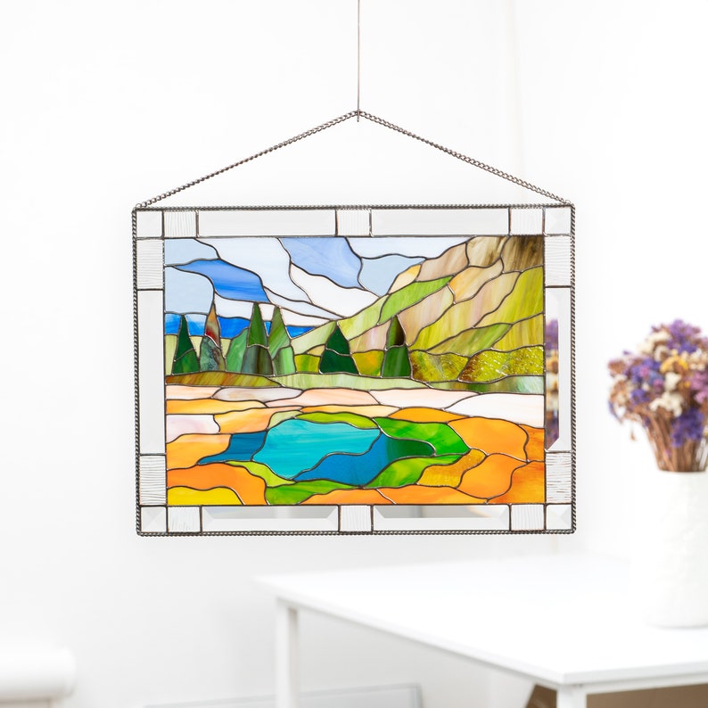 stained glass panel hanging on the wire
