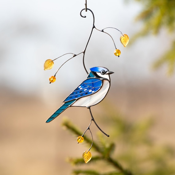 Vitraux de geai bleu suspendus cadeaux de Noël Art du geai bleu Vitrail  personnalisé oiseau suncatcher Plume de geai bleu -  France