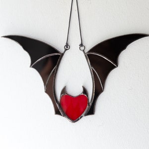 Valentine stained glass heart suncatcher goth home decor Stained glass bat honeymoon gifts Halloween decor image 4