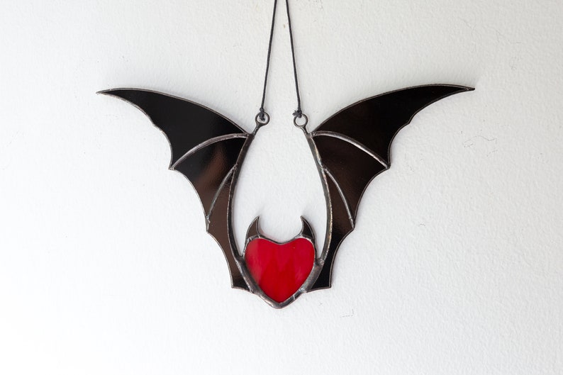 Valentine stained glass heart suncatcher goth home decor Stained glass bat honeymoon gifts Halloween decor image 4