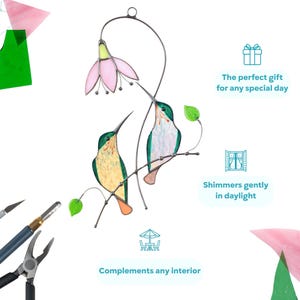Detailed infographic image showing stained glass hummingbirds under a pink flower with notes on gift value and craftsmanship