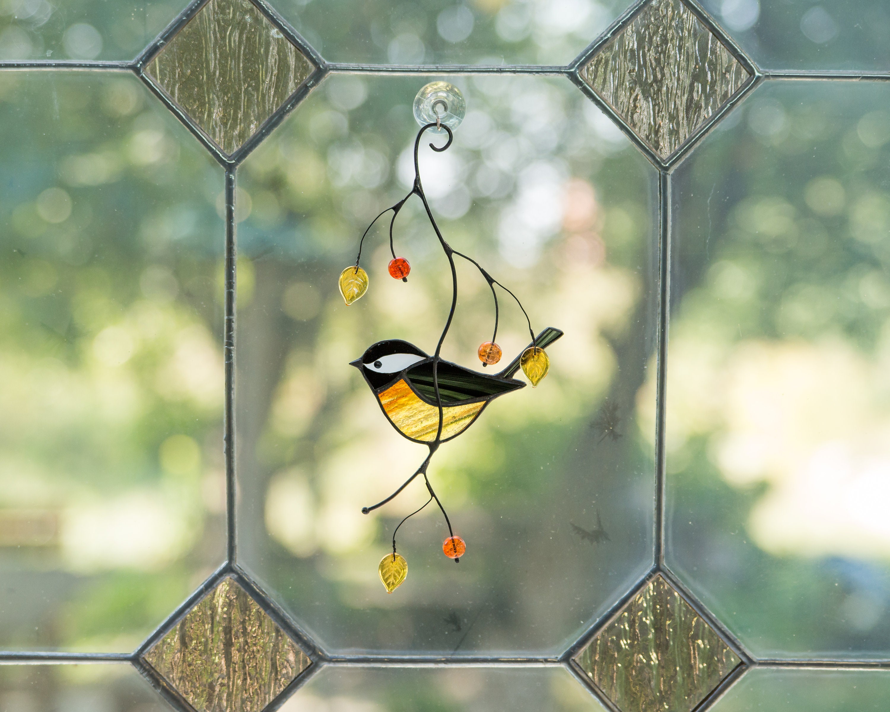 Chickadee stained glass bird suncatcher Mothers Day gift Etsy