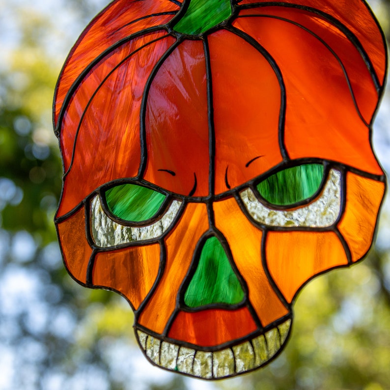 Halloween Decor Stained Glass Skull Suncatcher Horror Pumpkin - Etsy