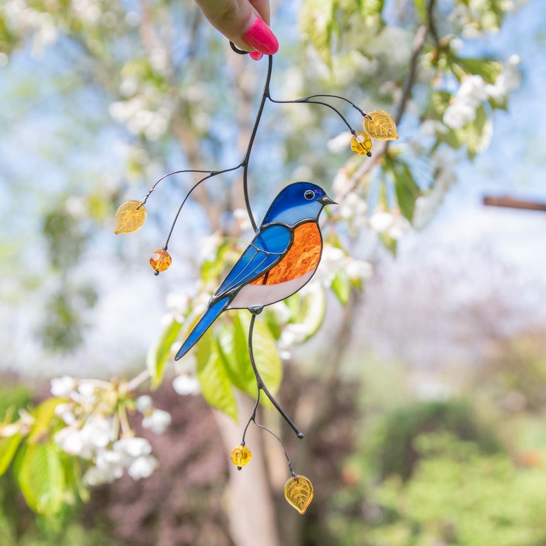 Bluebird stained glass window hanging