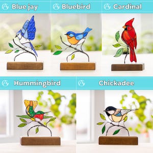 variation of the birds on the wooden base made of modern stained glass
