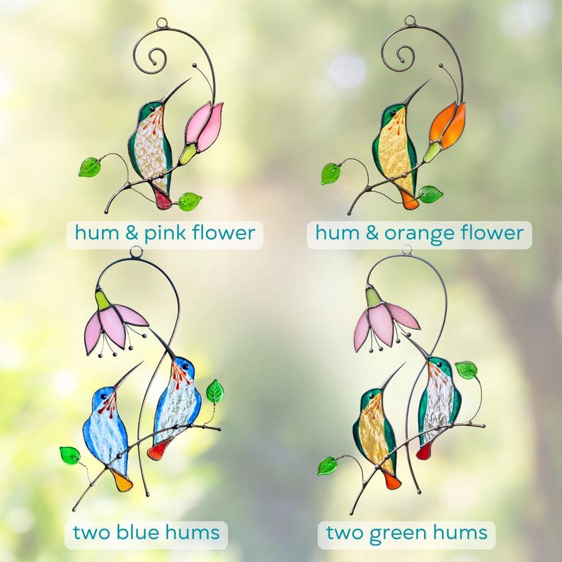 the collage of hummingbirds made of stained glass