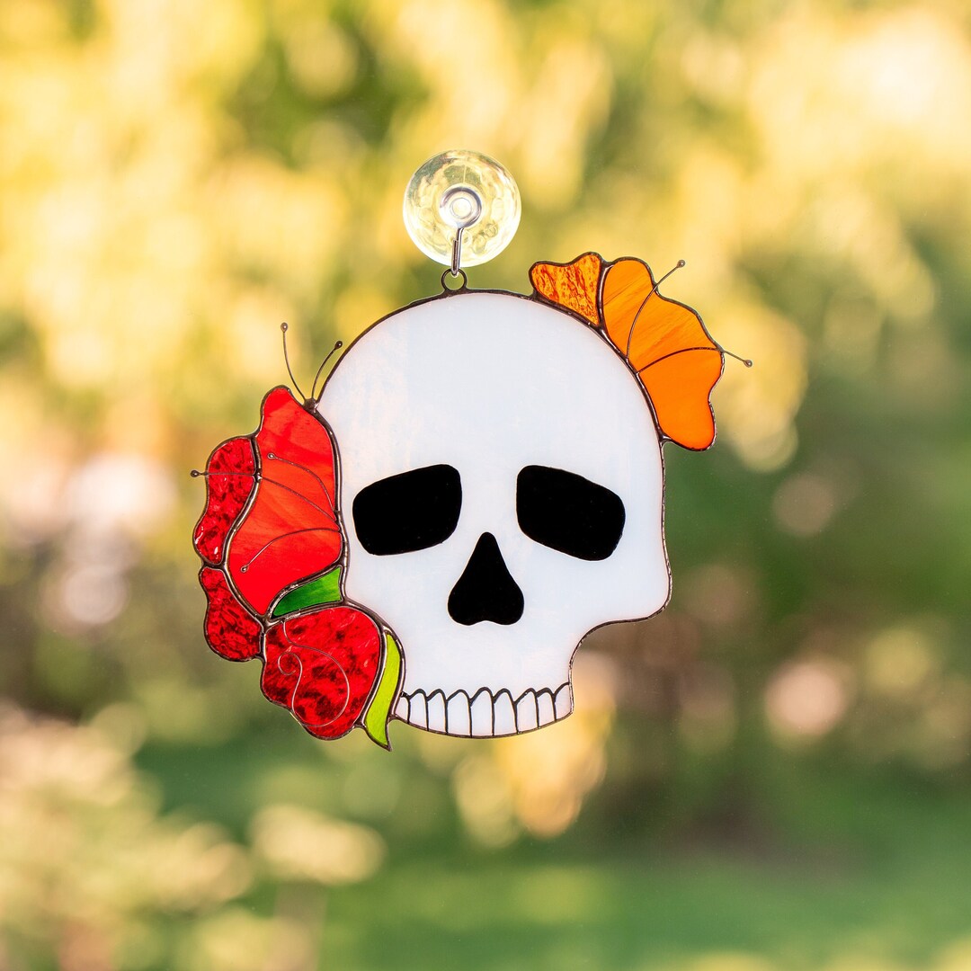 Human Skull Stained Glass Window Hangings Halloween Spirit Custom