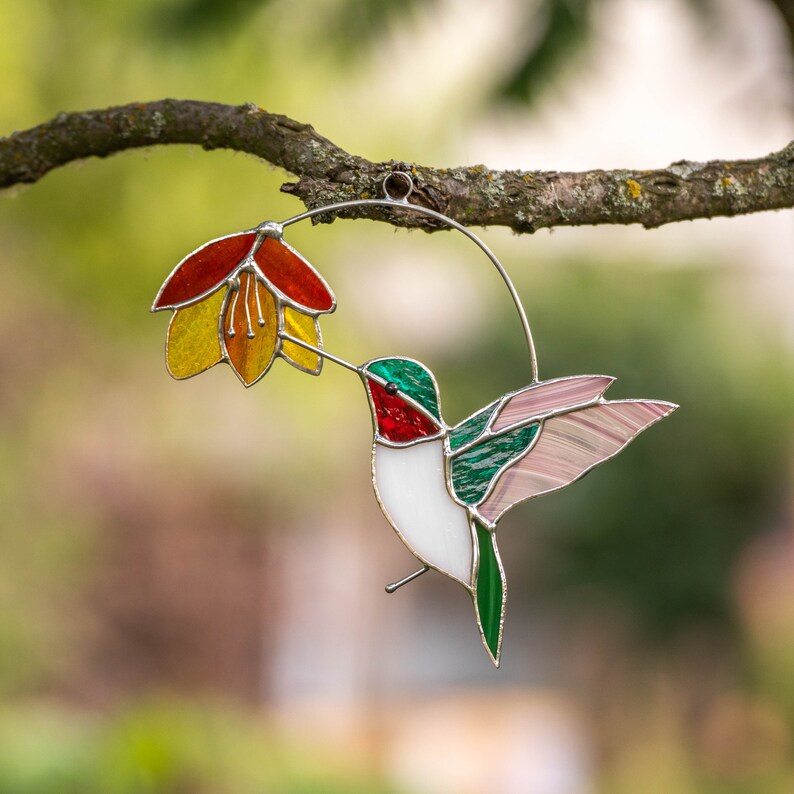 Stained Glass Hummingbird Suncatcher Flower Stained Glass Etsy