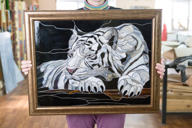 White tiger wall art Custom stained glass panel gift for tiger Etsy