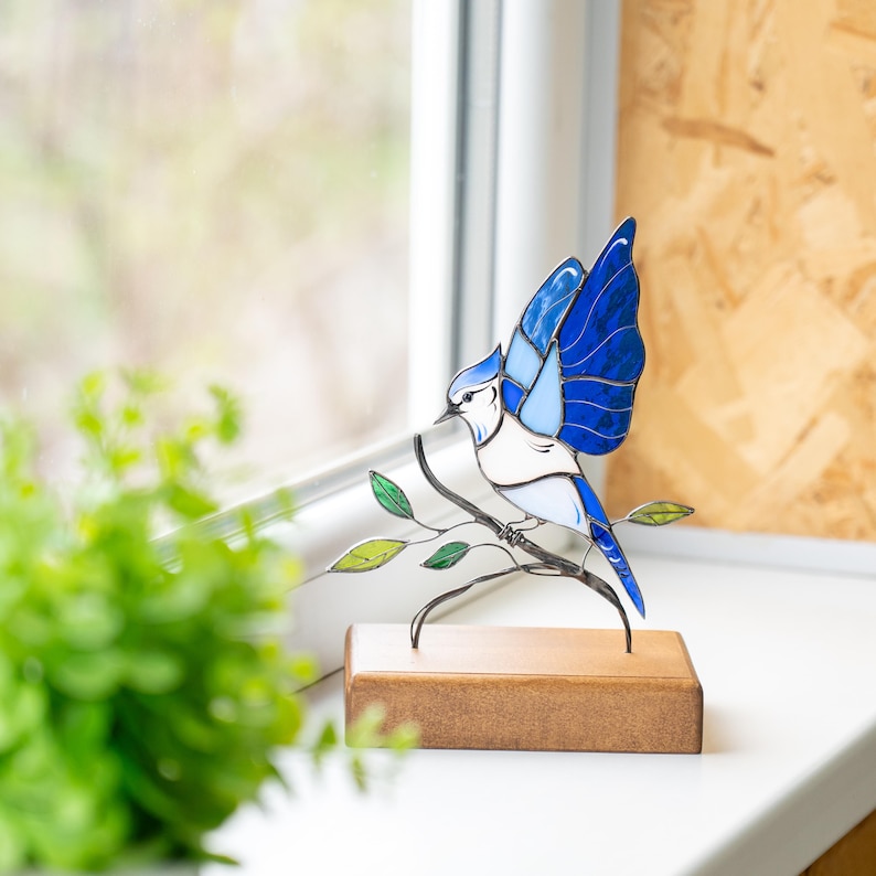 blue jay stained glass table decor