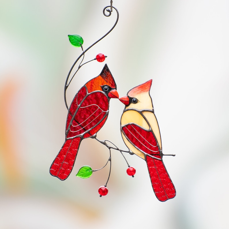 cardinal birds stained glass window hanging decor