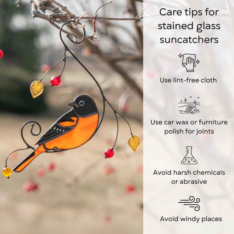 Stained glass oriole hanging outdoors on a branch, with care instructions listed on the right side of the image.